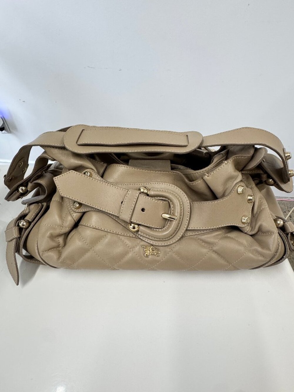 Authentic Burberry Quilted Leather Buckle Hobo Shoulder Bag in Beige & Gold Hard